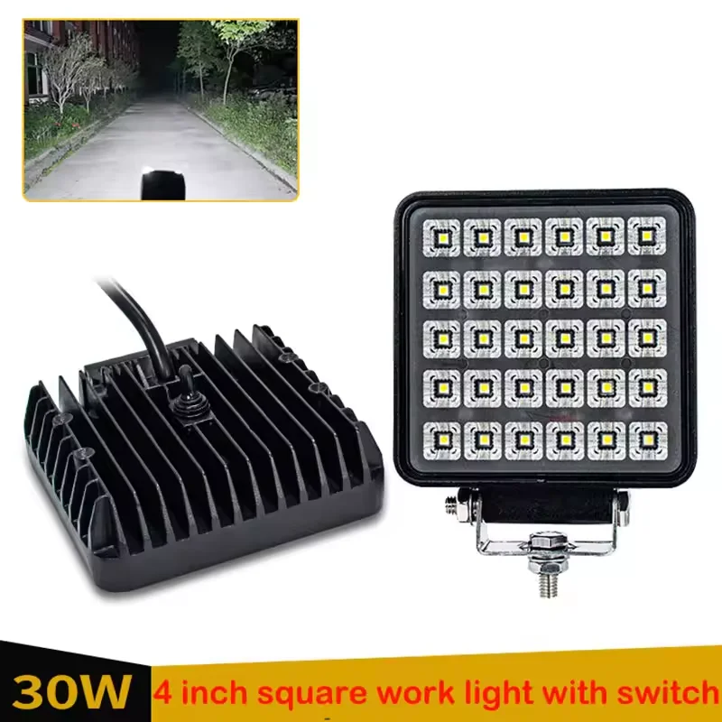 

4inch Square LED Work Light 30W High brightness Flood light With Waterproof Switch Excavator Arm Light Truck Modified Headlight