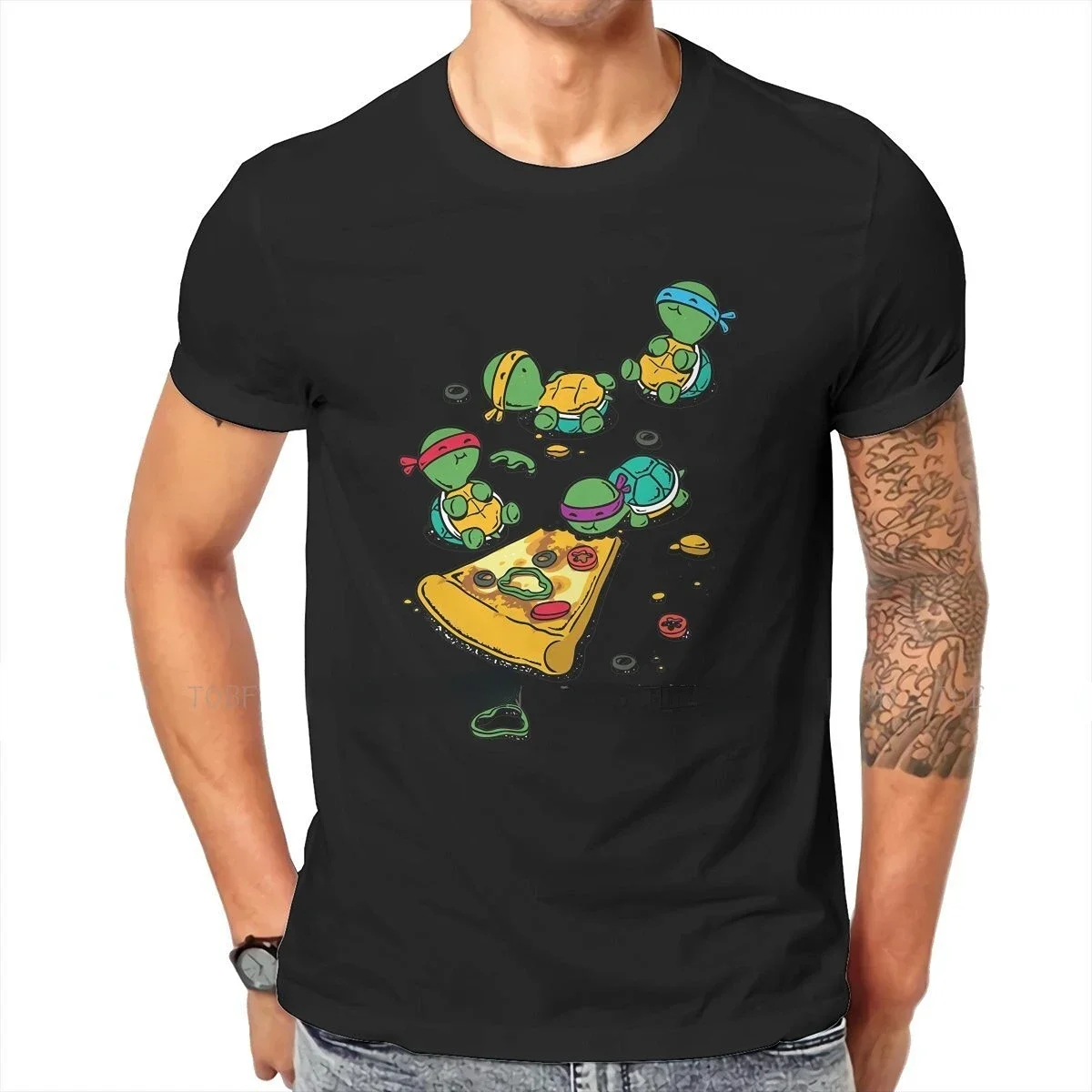 Kawai Tortoise Pizza Lover Tshirt Classic Alternative Men's Clothes Tops Cartoon Crewneck T Shirt Camiseta Hombre Short Sleeve