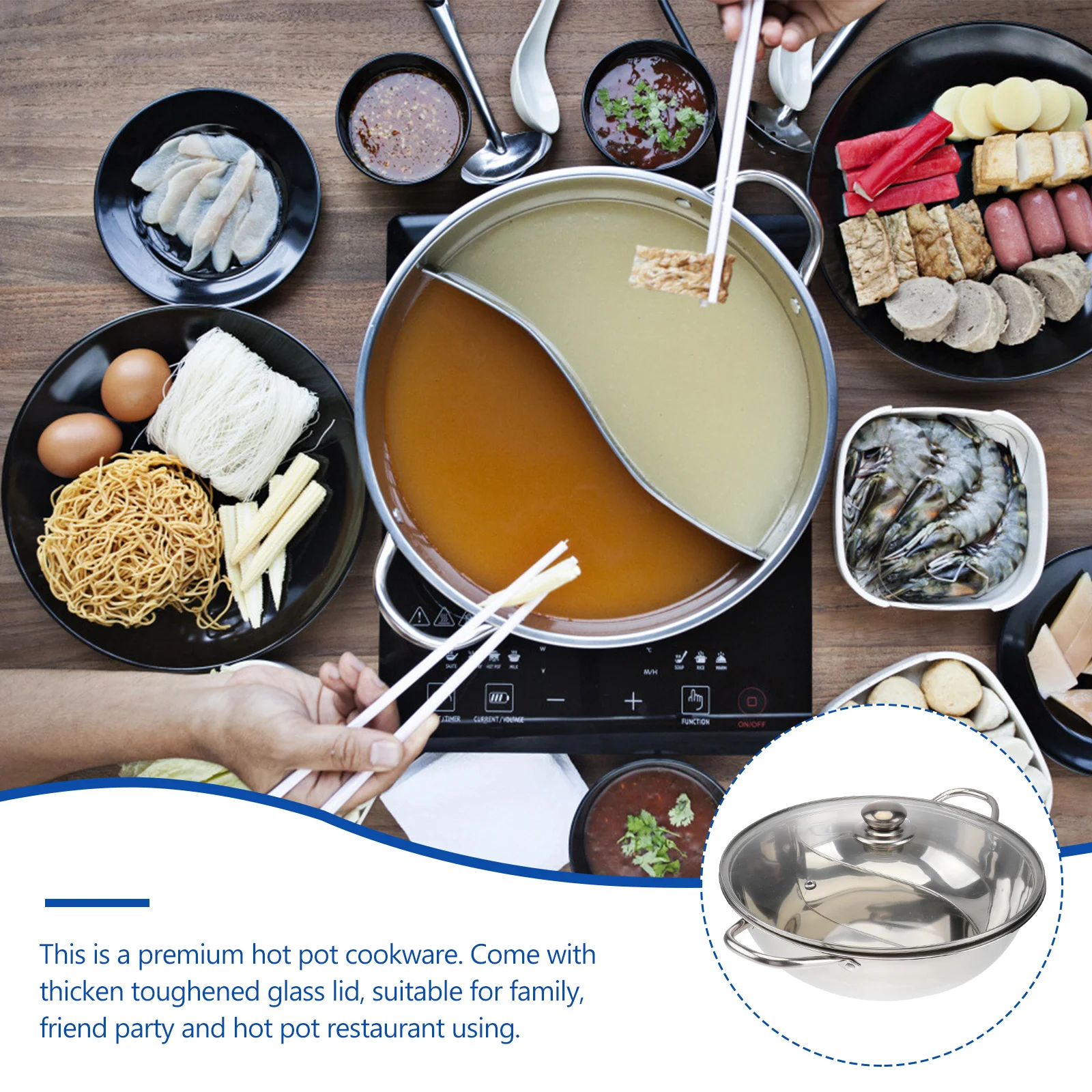 

Stainless Steel Hot Pot Multifunction Dual Side Divider Hot Pot Cookware Thicken Glass Lid Large Handle Compatible with