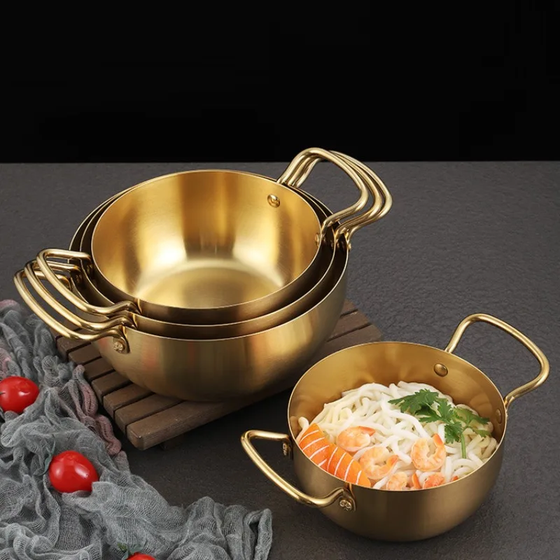 High quality Korean silver gold stainless steel double handle noodle soup cooking pot mini hot pot casserole