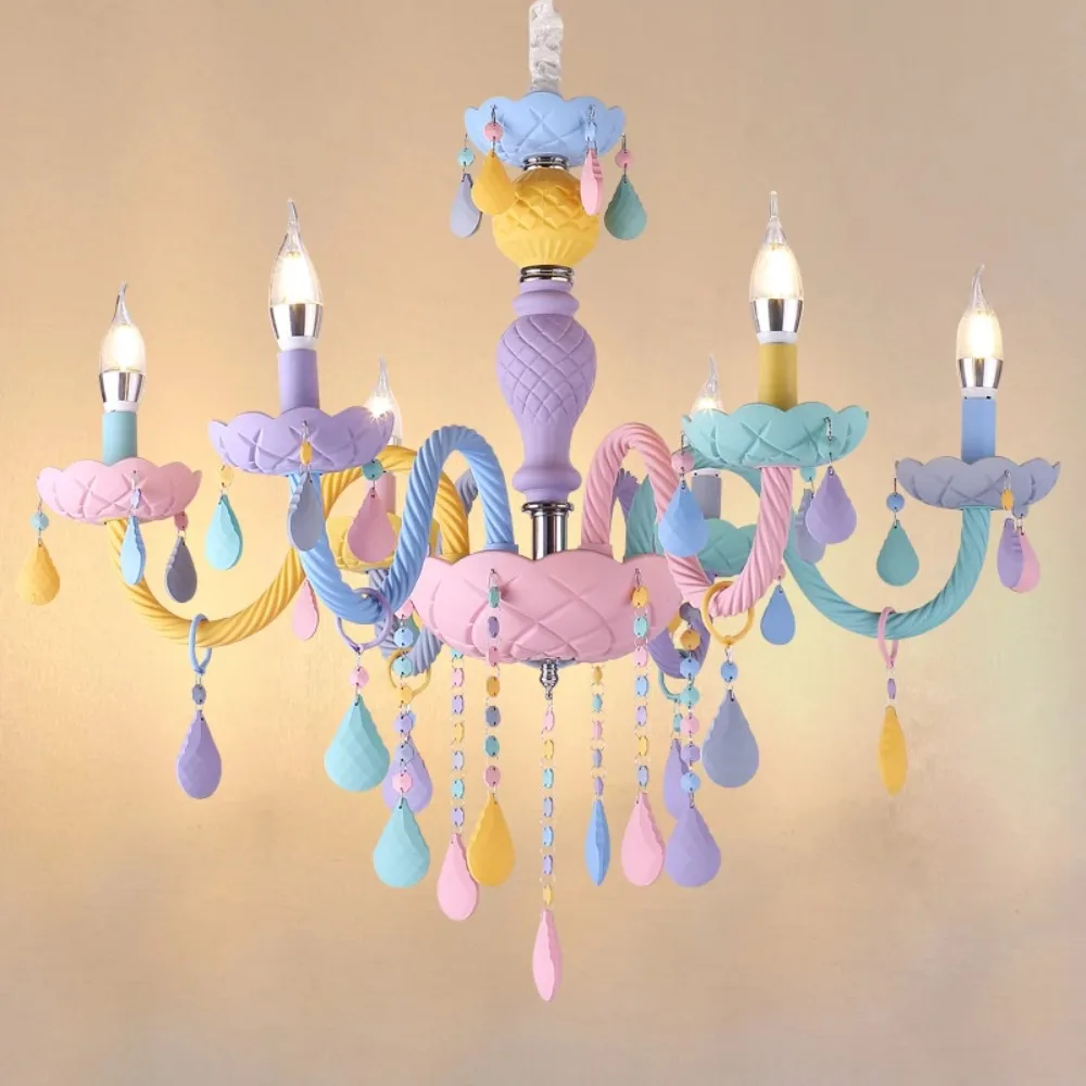 Modern Macaron Colorful Crystal Chandelier Rainbow Candle Lustres American Girl Princess Children Room Luminaire Light Fixtures