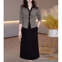 Autumn Winter Fake Two Pieces Dresses Women V-Neck Printing Button Patchwork Zipper Temperamen Fashion 3/4 Sleeve Long Dresses