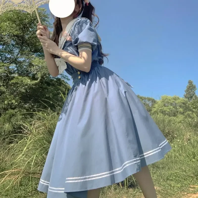 Harajuku saior colarinho azul marinho vestido japonês lolita doce arco menina retro algodão kawaii estilo universitário vestido longo de dormir feminino