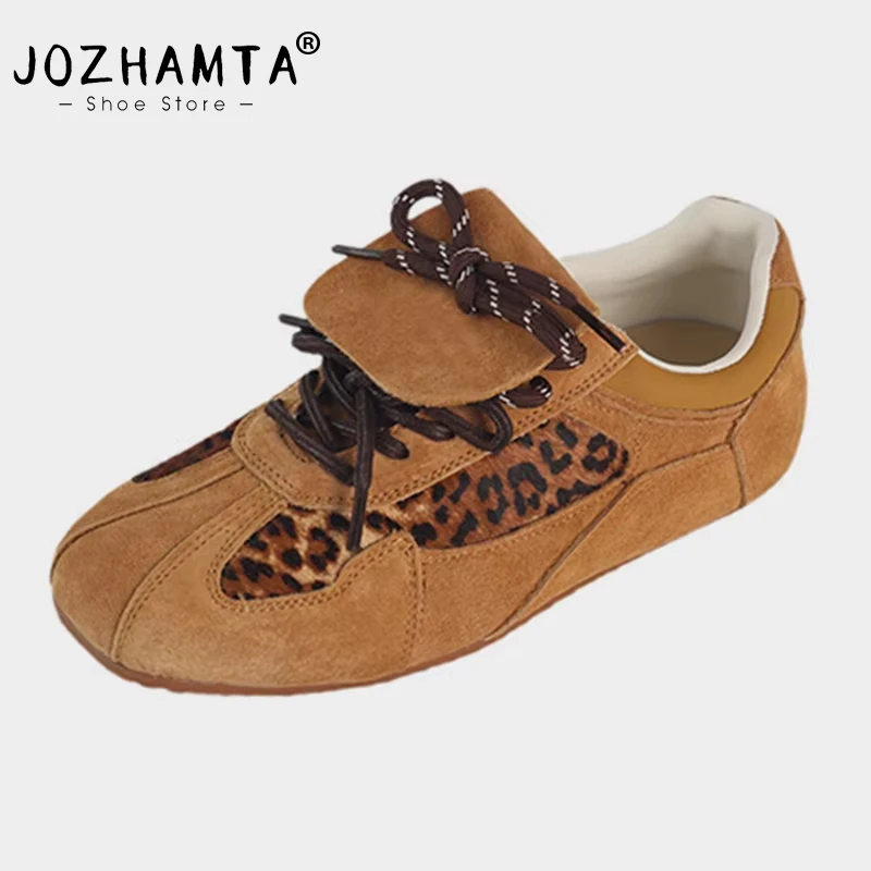 JOZHAMTA Size 35-40 Leopard Casual Sneakers For Women Real Leather Loe Heels Shoes 2025 Spring Lace-Up Soft Tennis Athletic Shoe