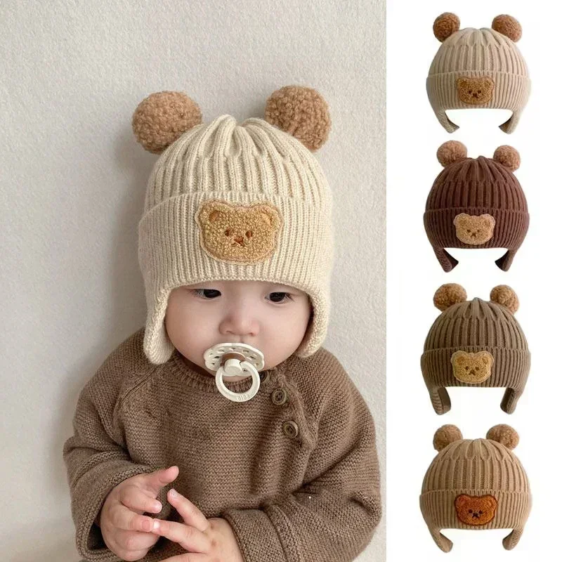 2026 Bear Ear Knit Wool Hat for Baby Cute Cartoon Infant Ear Protection Cap Winter Warm Kids Boy Girl Earflap Beanies