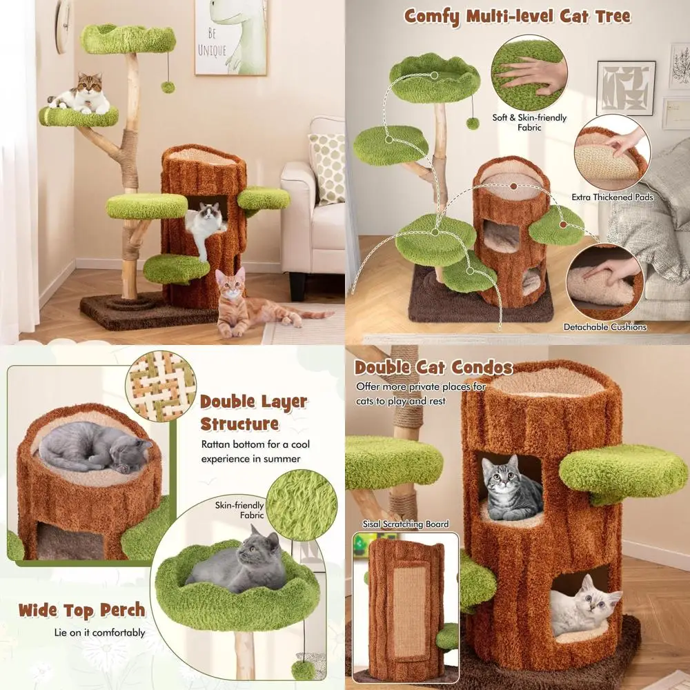 

Стильная деревянная лежанка-когтеточка для кошек с 2-уровневым домиком, сизалевой панелью, верхней платформой и подвесной игрушкой для крупных домашних кошек