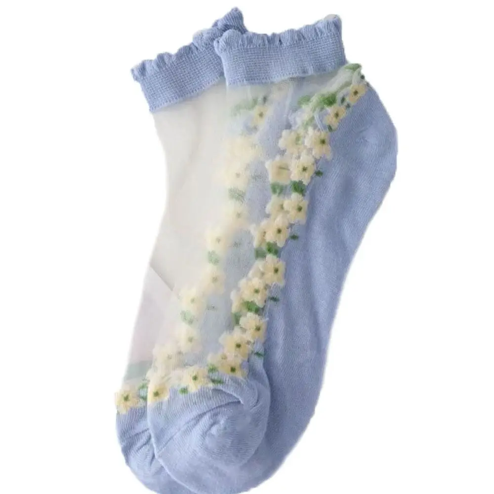 

High Quality Breathable Crystal Glass Silk Socks Silk Lace Lastic Socks Transparent Jacquard Short Socks