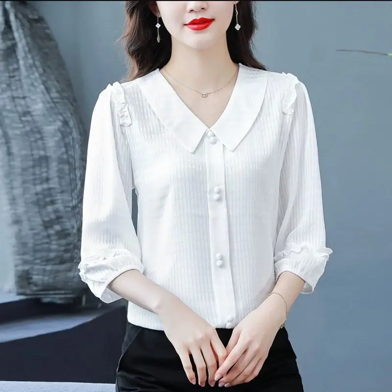 Little Fresh Women\'s Three-quarter Sleeved Shirt Summer Clothes for Women Doll Collar Solid Color Patchwork Ruffles Blouse