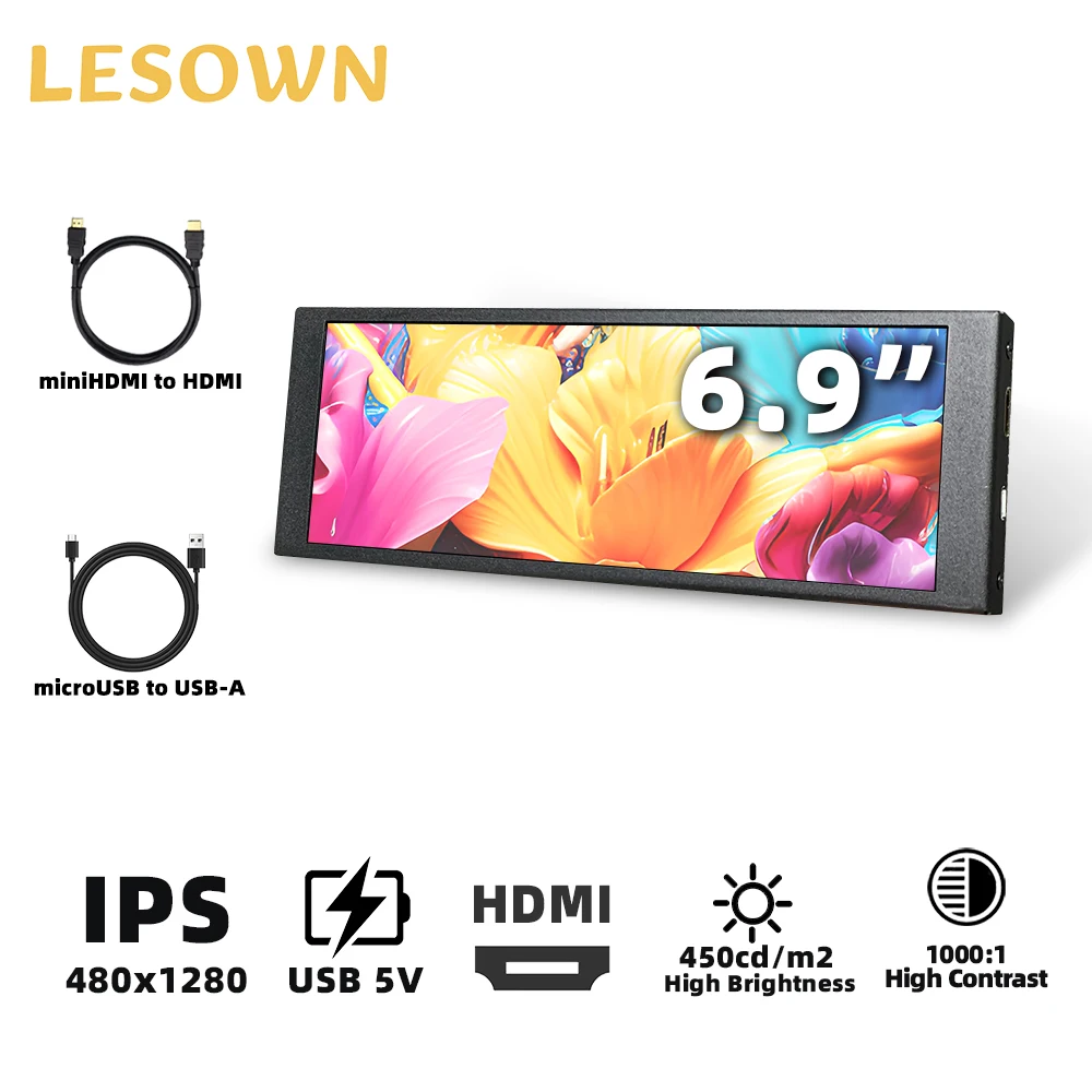 

Компактный монитор LESOWN 6,9 дюйма, 480x1280, ЖК-дисплей с узкой полосой, дополнительный экран Raspberry Pi с поддержкой для ПК, Linux, ТВ-приставки