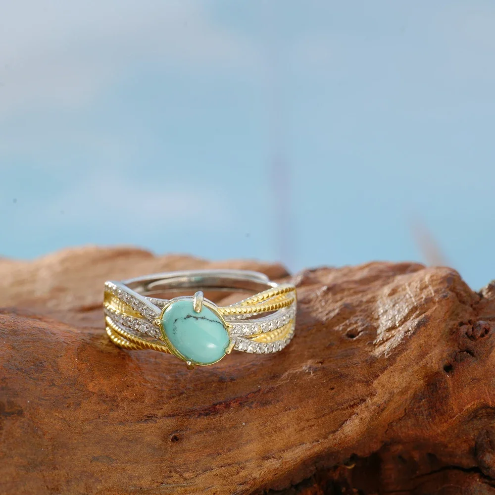 

Natural Turquoise Ring Gold Silver Dual-Tone 7x5mm Oval Natural Gemstone Adjustable Stackale Boho Jewelry Gifts