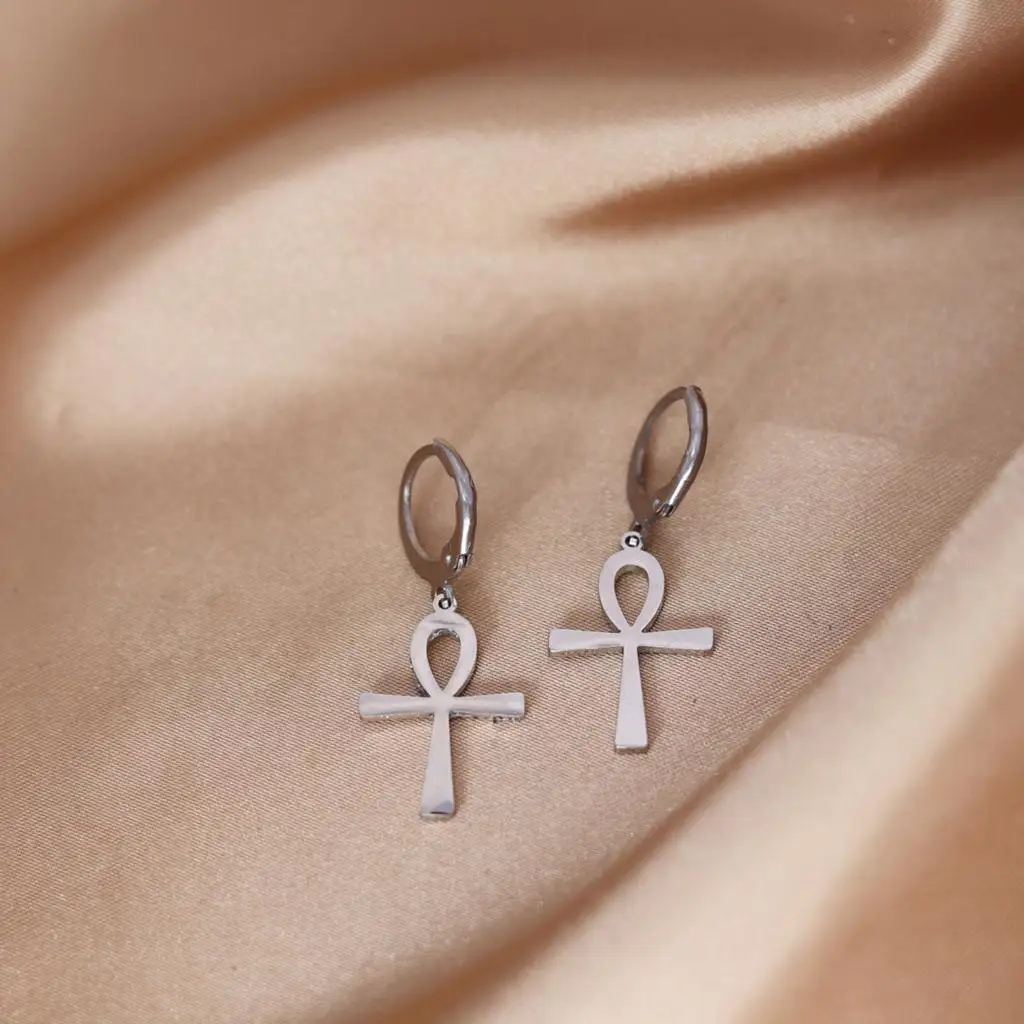 QIMING Ankh Cross Hoop Earrings For Women Men Egypt Jewelry Vintage Piercing Ear Religious Earrings Gift