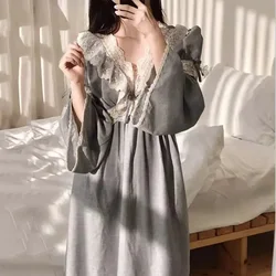 Lace Women Nightgown Korean Style Sleepwear Long Sleeve Night Dress Autumn One Piece Pajamas Solid Home Sleeping Wears New In