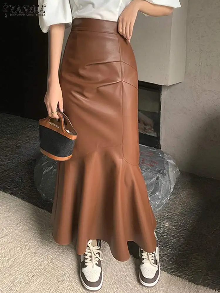 ZANZEA 여성용 PU 가죽 스커트, 하이 웨이스트, 긴 팔다, 빈티지 플리츠, 패치워크 프릴, 가을 단색 스커트, 패션 2023 