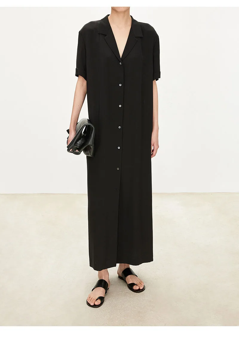 하이 엔드 천연 100% 멀 베리 실크 여성 드레스, 클래식 셔츠 스타일 롱 드레스, 편안하고 캐주얼하며 편안하고 시원한 여름