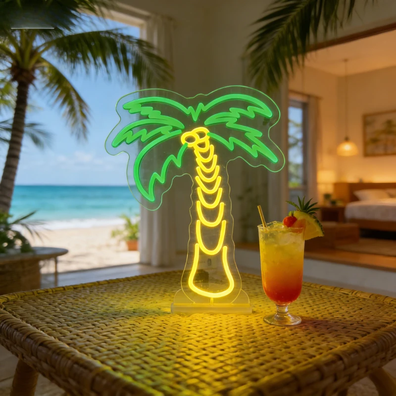 Cute Palm Tree Neon Sign LED Night Light USB Aesthetic Room Decor Lamp for Bedroom Living Room Beach Bar Summer Party Gift