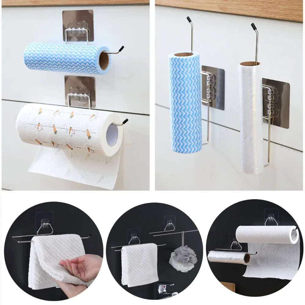 2PCS Küche Bad Rollen Papier Handtuch Halter Bohren Kostenloser Wand Haken Typ Edelstahl Lagerung Haken Rack Wc Zubehör