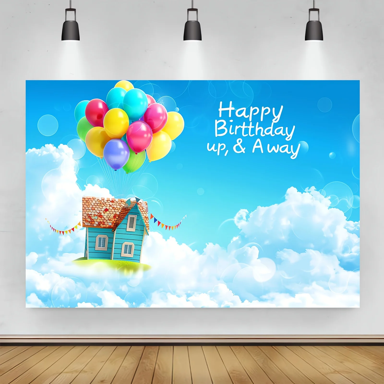 Fotohintergrund für Geburtstagsfeiern, Abenteuer „Happy Birthday“, Luftballons, Partydekoration, blauer Himmel, weiße Wolken, Banner-Dekoration – Detail 1