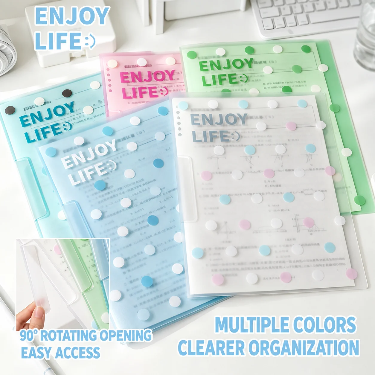 5 Pack A4 Rotating Pull Rod File Folder Plastic Report Covers With Swing Clip Polka Dot Clear Front Documents Organizer Binder