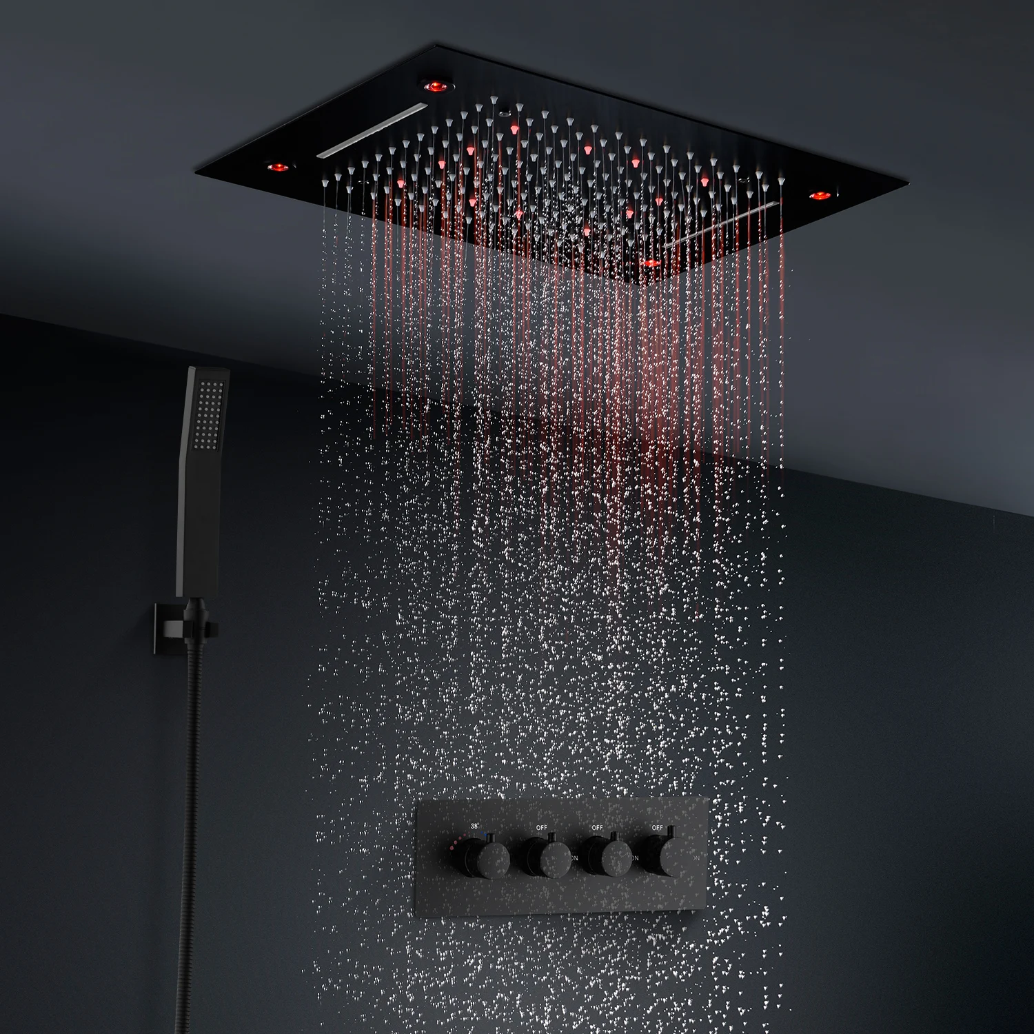 Bathroom Remote LED Shower Head Panel Set 20*14inch Rainfall Waterfall System Thermostatic Mixer Valve Tap Kit