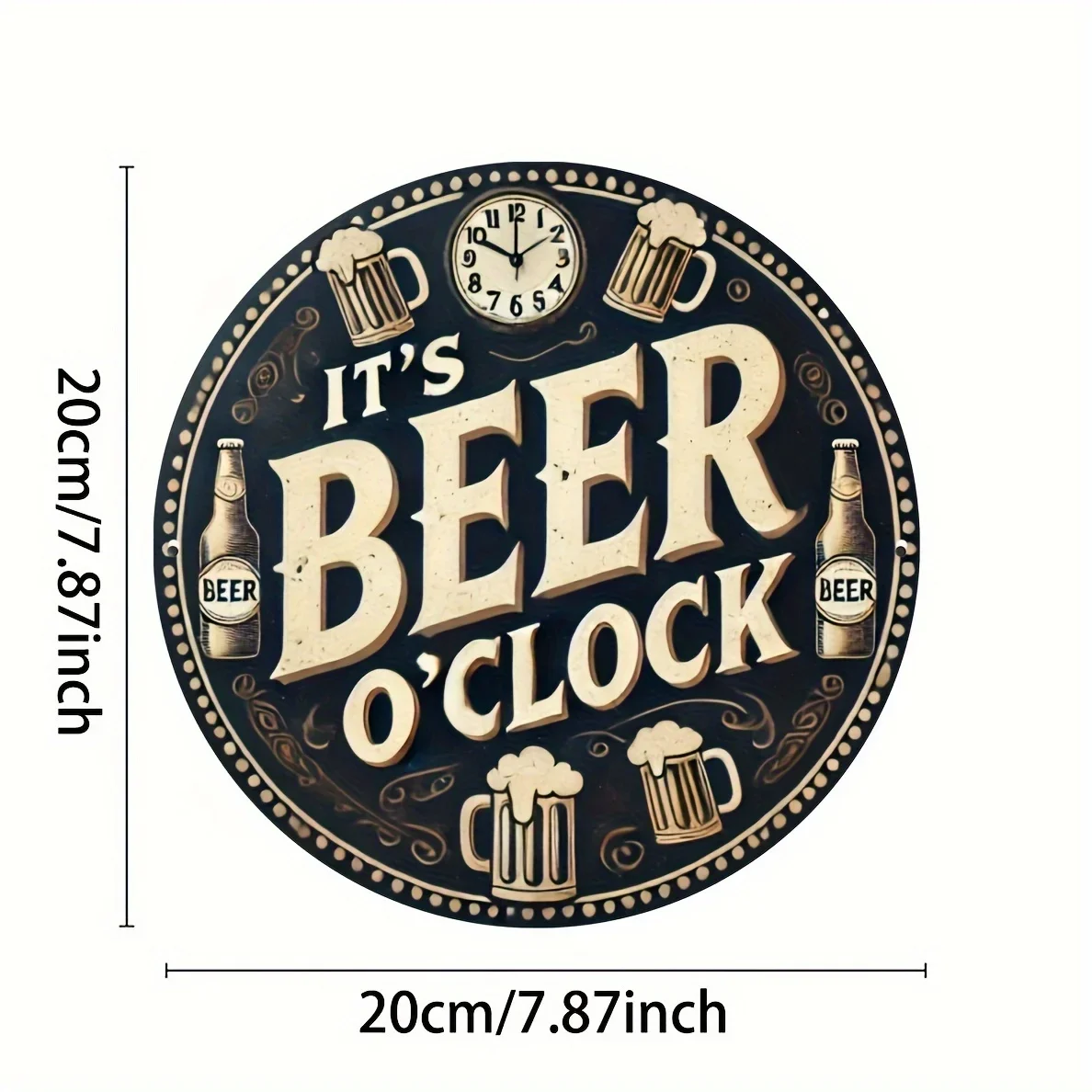 1pc 2D Round Iron Tin Sign 20x20cm Retro Beer Mug Bottle Clock Pattern Metal Wall Plaque Vintage Bar Wall Art Decor for Pub Man