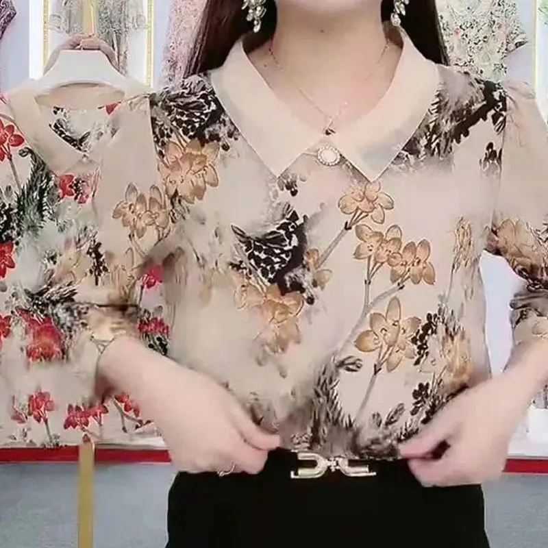 Casual Loose Floral Printed Chiffon Shirt Female Half Sleeve Chic Three-dimensional Decoration Stylish Peter Pan Collar Blouse