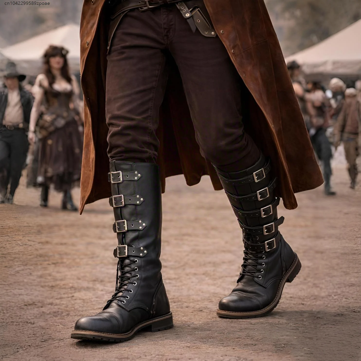 Men Steampunk Pirate Cosplay High Boots Renaissance Festival And Role Play Wear Shoes Retro Pu Leather Multi Metal Buckles Boot