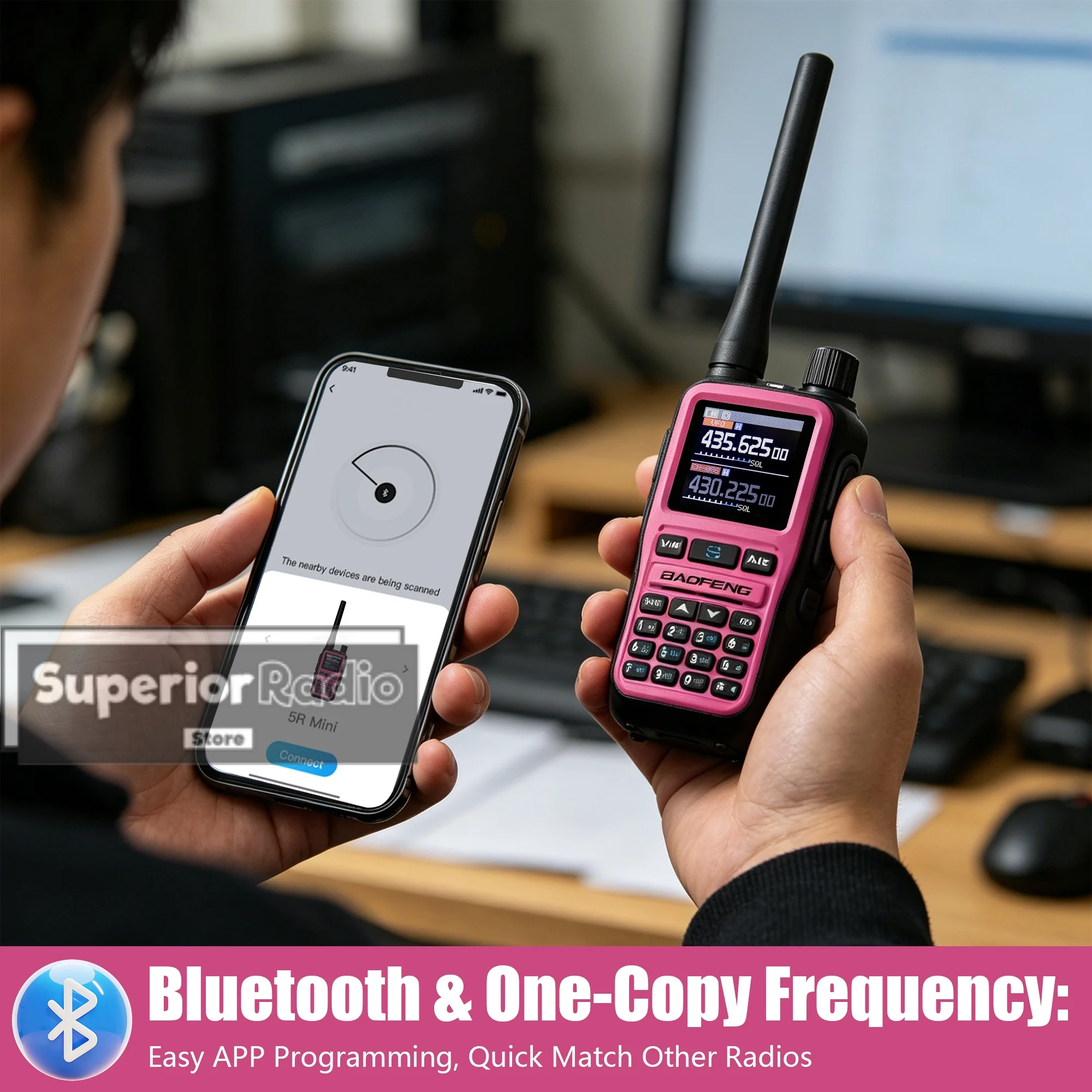 1/2PCS Baofeng UV 5R Mini Walkie Talkie Two Way Radio Pink Dual Display USB-C Charger 999 Channel AM For Camping Hiking Hunting