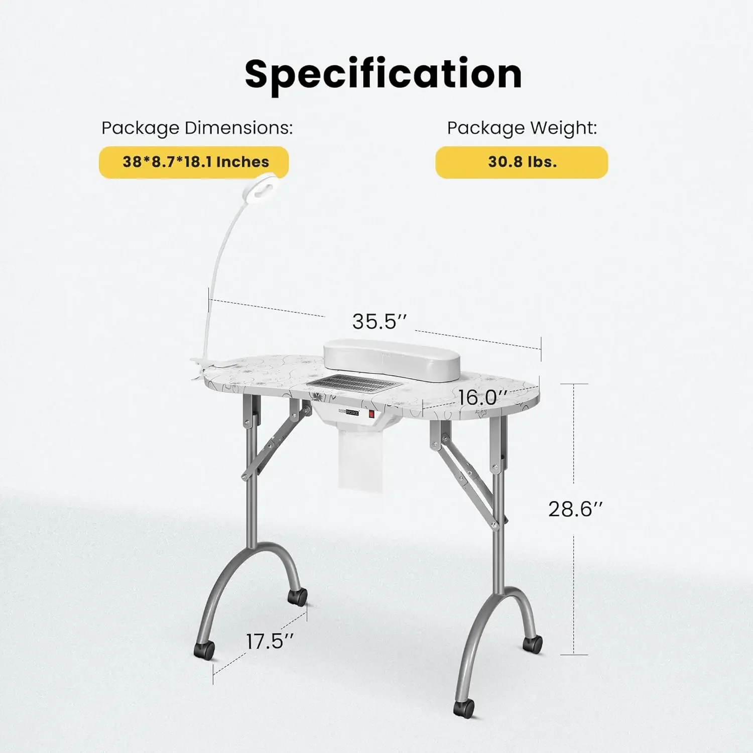 Portable Manicure Nail Table on Wheels with Built-in Dust Collector, Updated USB-Plug LED Table Lamp, Carry Bag for Hom