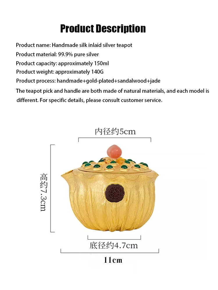 Gold Plated Lotus Pomeg Tea Pot, Pure Silver 99.9%, Handmade 24K Gold Plated Special Bionic Hand Grab Pot, Silver Pot