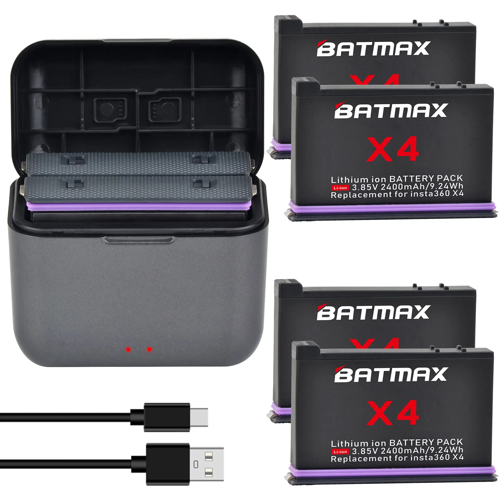 

Batmax for Insta360 X4 Battery 2400mAh Bateria+ 2-Slots Fast Charger with Type C Port For Insta 360 X4 Action Camera Accessories