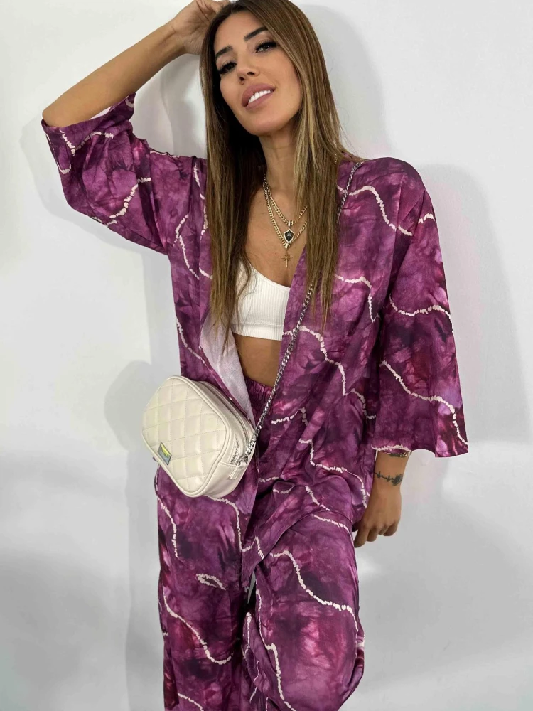 

New Fashion Casual Pants Suit Wave Print Loose Cropped Sleeve Cardigan with High Waist Wide Leg Trousers for Women Two Piece