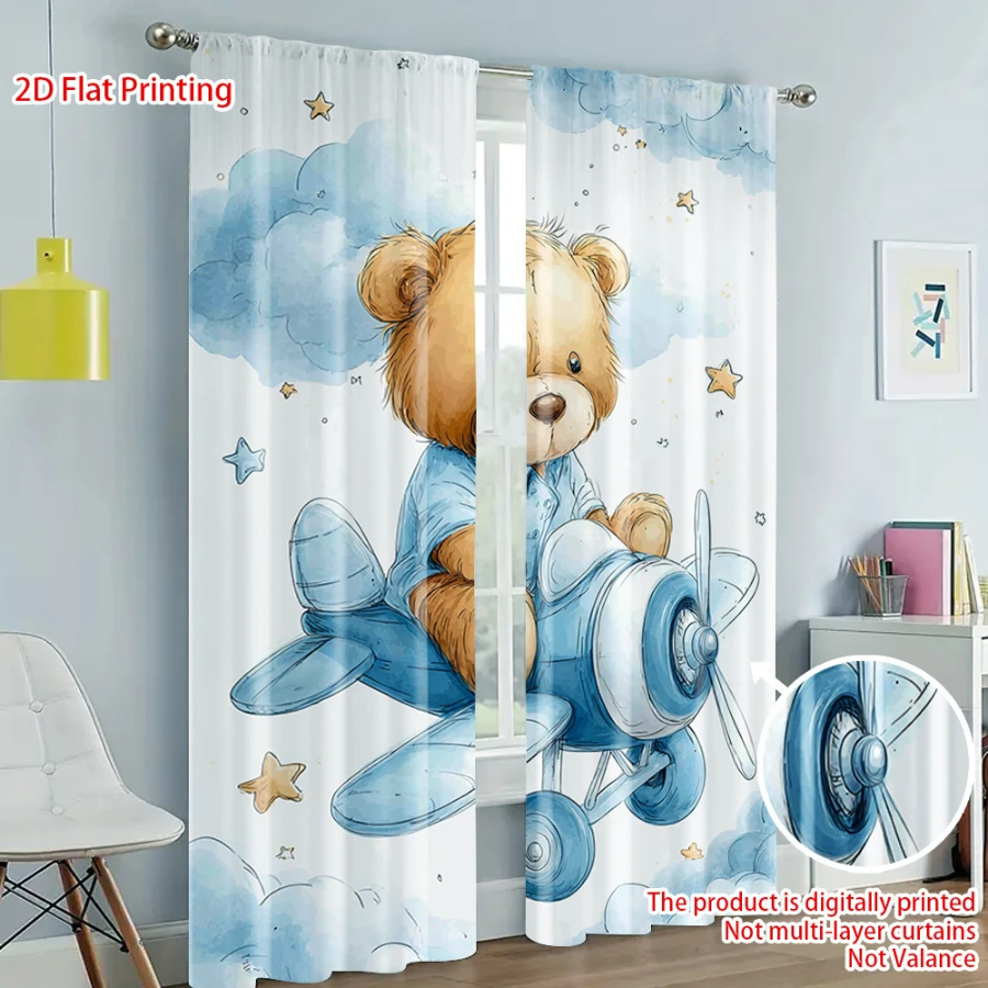 2PCS Digital Printed Curtains with Bear Pilot Design, Stylish Window Drapes for Living Room Bedroom Home Decoration and Kitchen