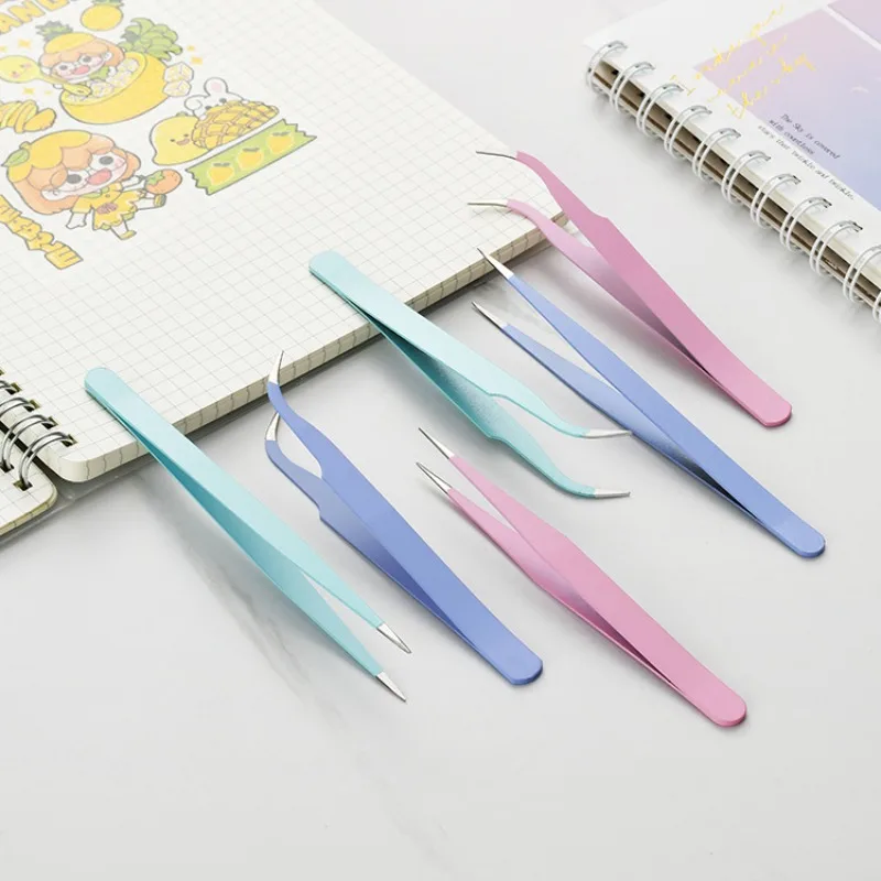 แหนบสแตนเลสสีต่างๆ แบบตรงและโค้ง สำหรับหยิบจับสติ๊กเกอร์ตกแต่งเล็บ เพชรประดับเล็บ แหนบปลายแหลมสำหรับแต่งหน้า ต่อขนตา DIY