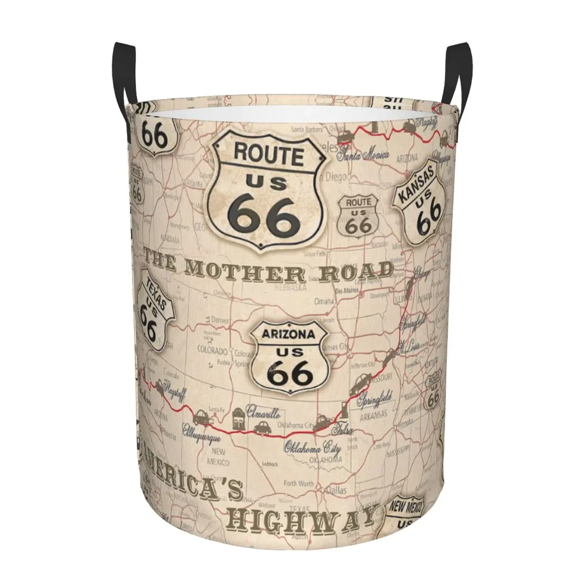 

Vintage American Map Route 66 Pattern Laundry Basket Foldable USA Highways Clothes Hamper for Nursery Kids Toys Storage Bin