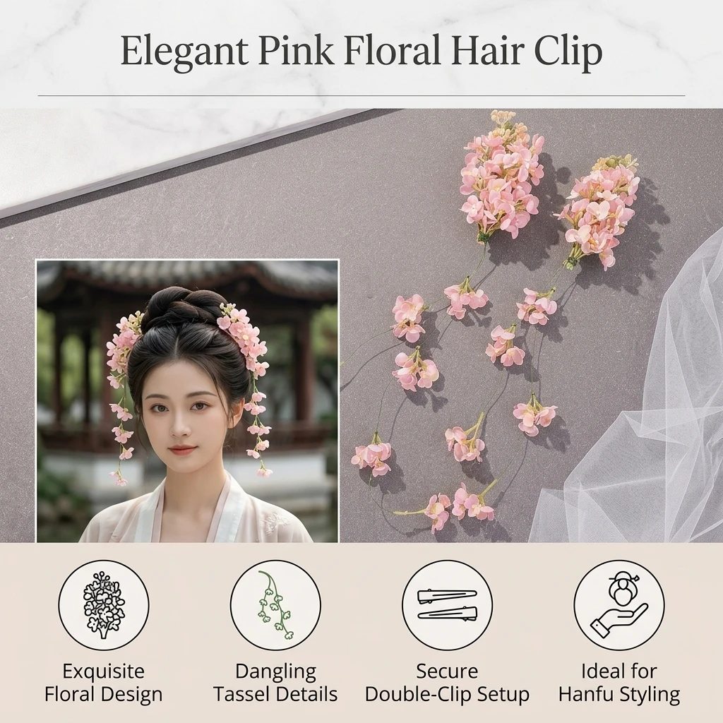 Exquisite Hair Clip Tassel Floral Barrette for Hanfu Photography Vintage Chinese Style Pink Flower Hairpin Accessories