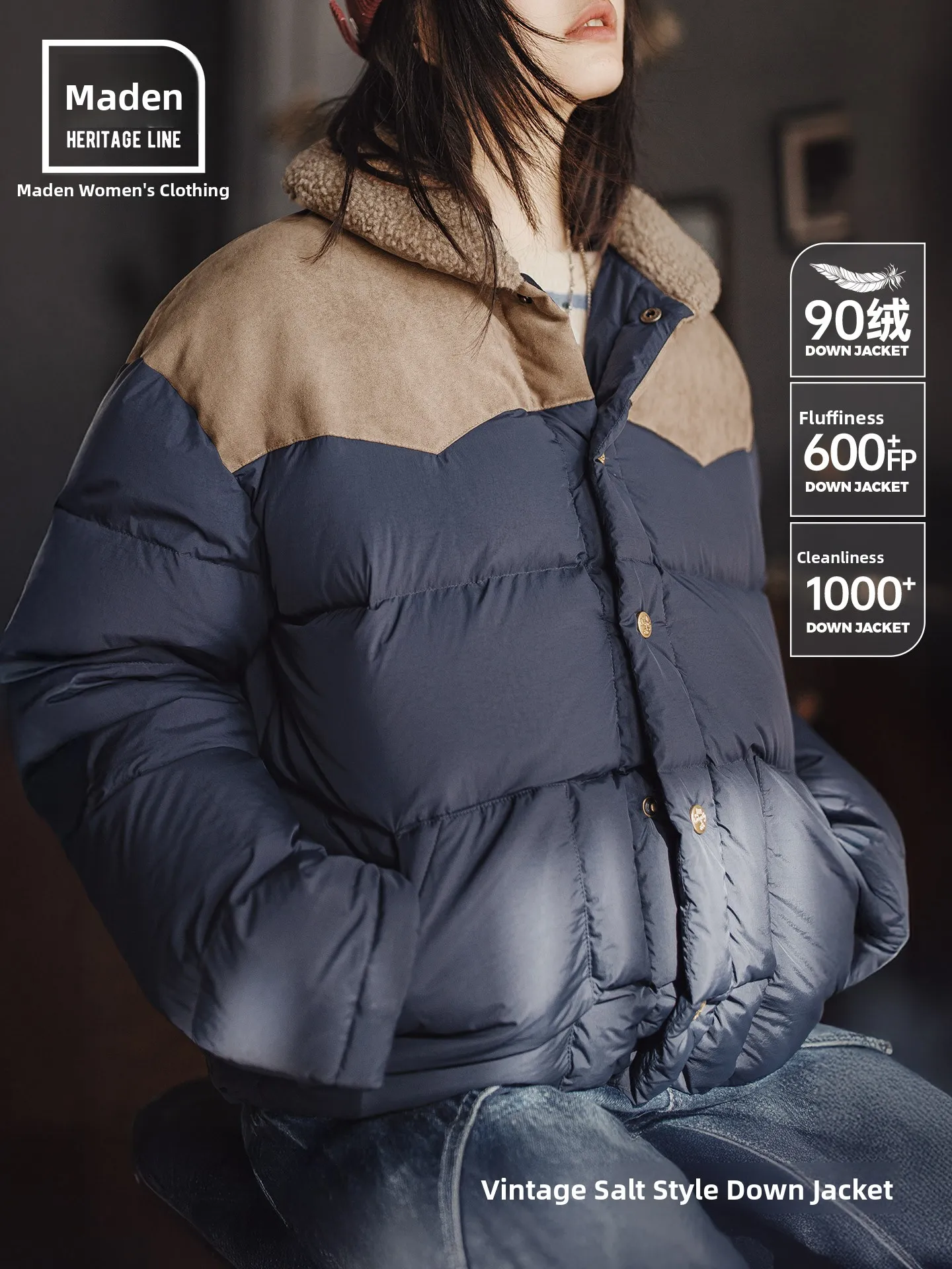 

Maden 90% белая теплая рабочая одежда из дутого пуха, тюре, женское зимнее пальто, замшевое лоскутное пальто с воротником-стойкой, верхняя одежда