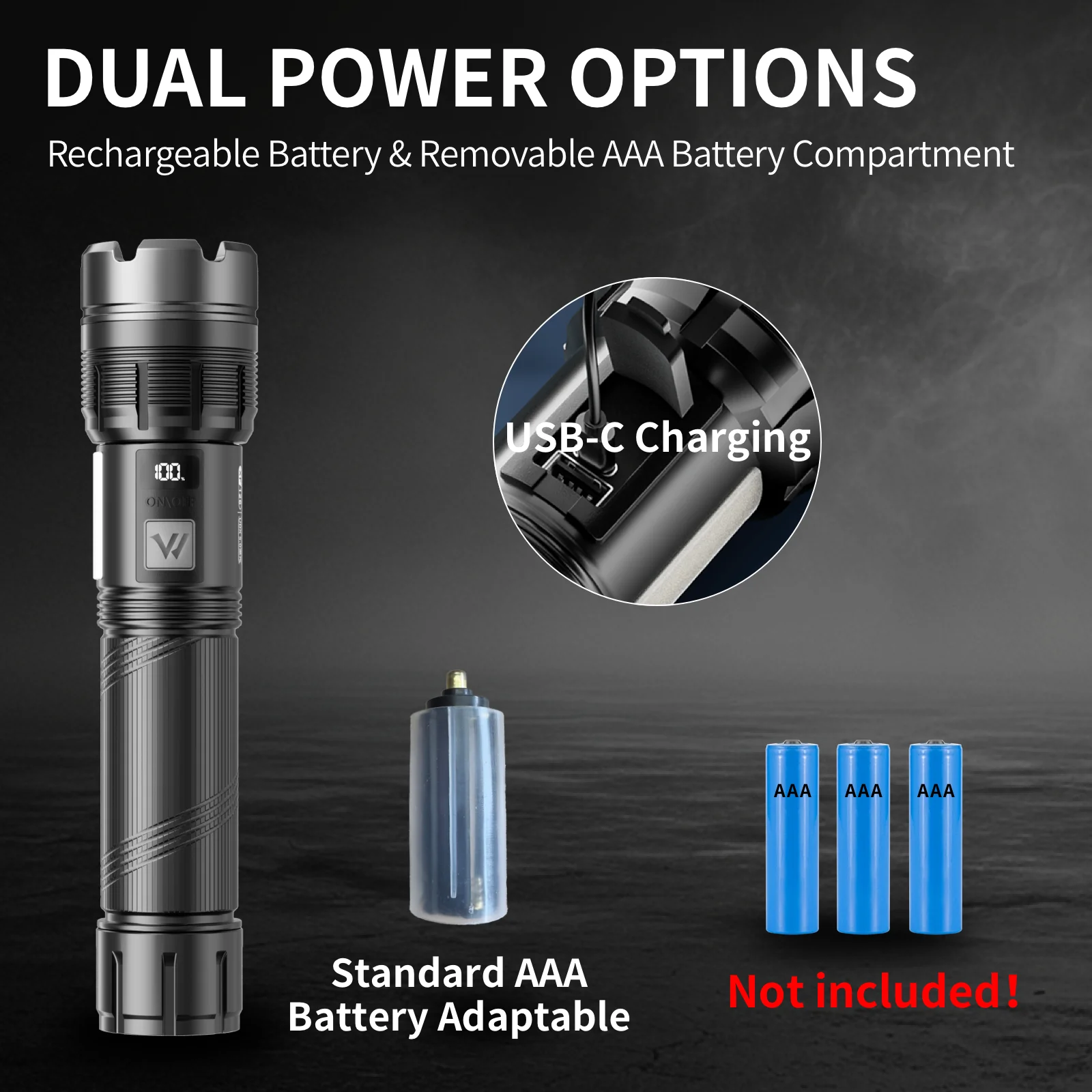 WARSUN XF126 Rechargeable Aluminum Flashlight, Zoomable，Dual Light Source with 8 Lighting Modes，Digital Battery Display