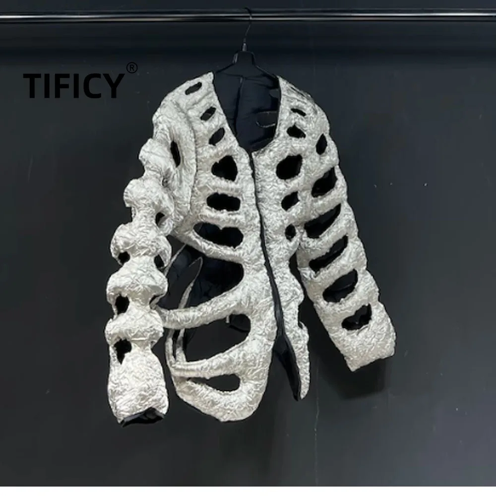 

Original Limited Edition Silver Cotton Jacket Men's Street Fashion Embroidery, High Street Skeleton Vest and Women's Coats Rock