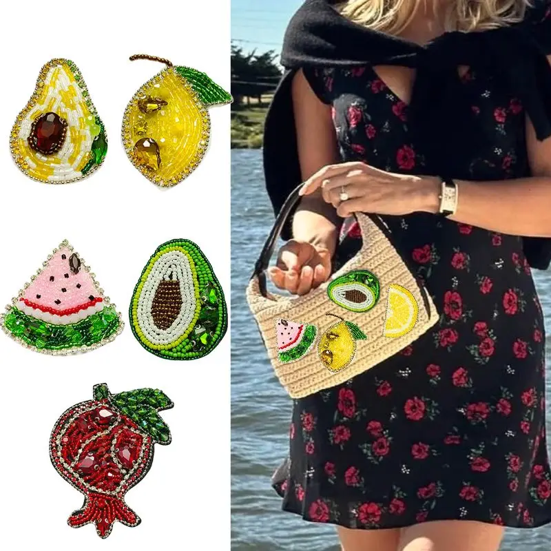 

Handmade Beads Patches Lemon Guava Watermelon Avocado Fruit Sequins Rhinestone Beaded Appliques Patches DIY Clothing Accessories