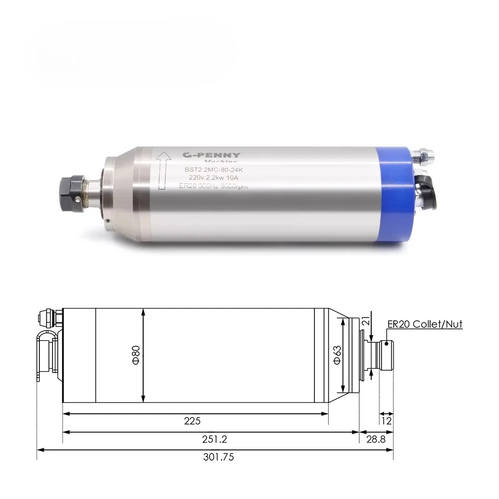 

Gpenny 2,2 кВт ER20 D80 220 В/380 В 300 Гц 4000-9000 об/мин Металлический рабочий двигатель шпинделя с водяным охлаждением