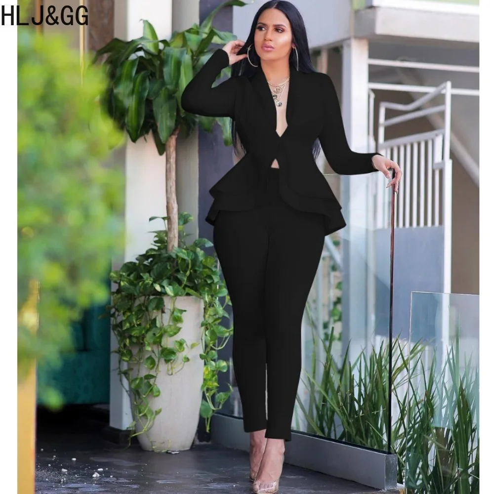 HLJ&GG Elegant Lady Solid Ruffle Design Two Piece Sets Women Deep V Long Sleeve Top And Skinny Pants Outfits Female OL Clothing