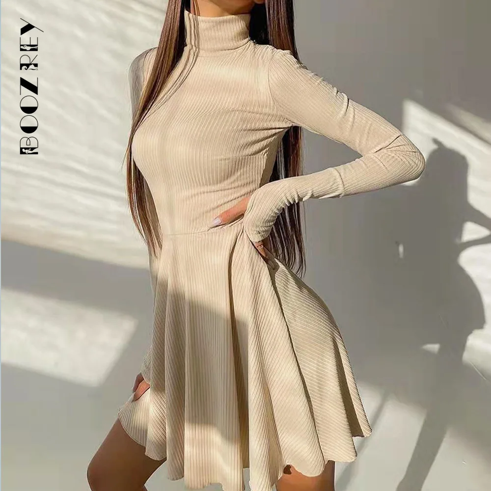 BoozRey Elegant Solid Dress for Women Long Sleeve Knitted Bottoming A-line Pleated Skirt Casual Streetwear Turtleneck Dress Girl