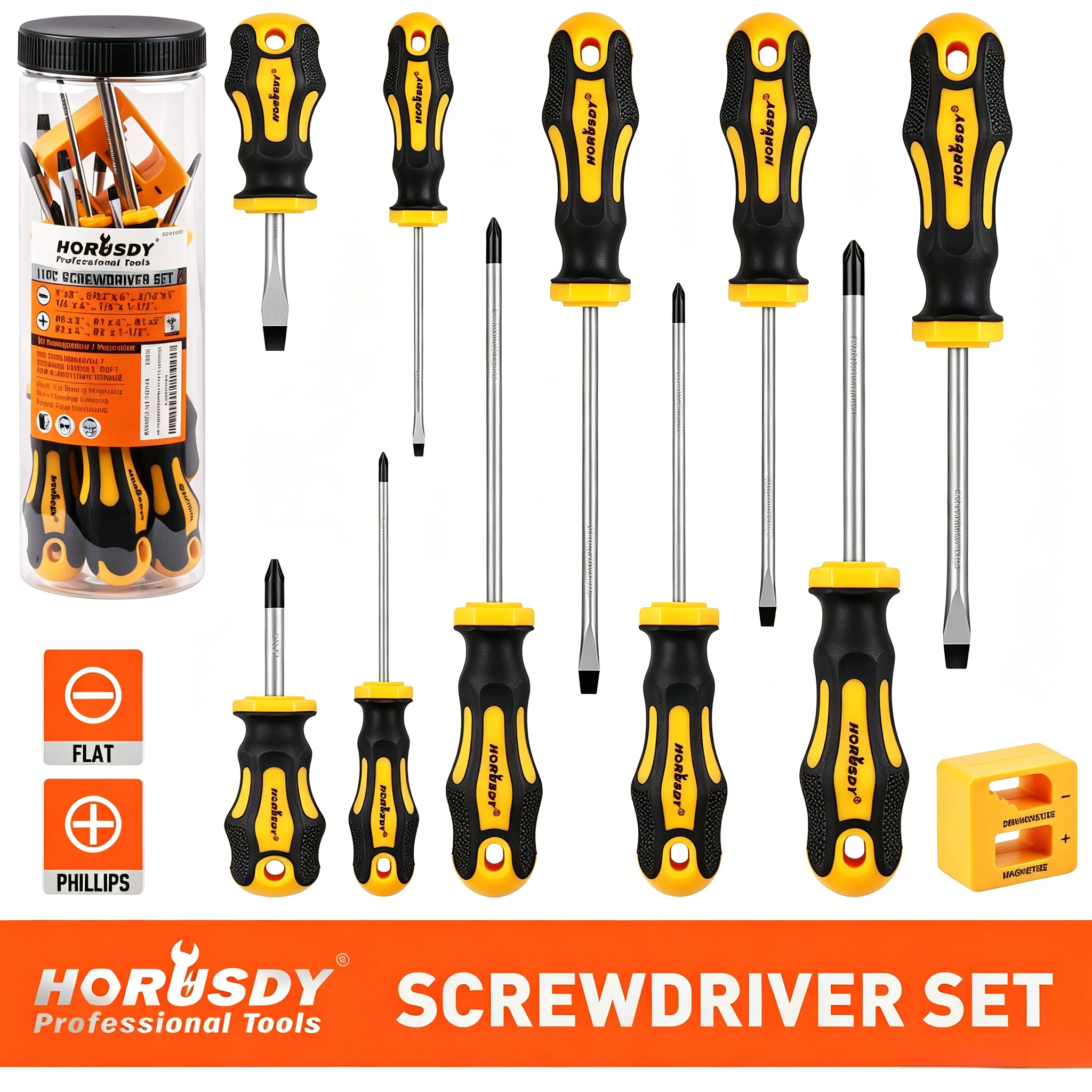 HORUSDY 11-Piece Magnetic Screwdriver Set Phillips Flat Head Tip with Magnetizer