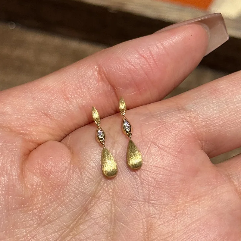 

New in brushed small water droplet tassel earrings for women retro classic crafts long inlay diamonds earings stud jewelry gifts