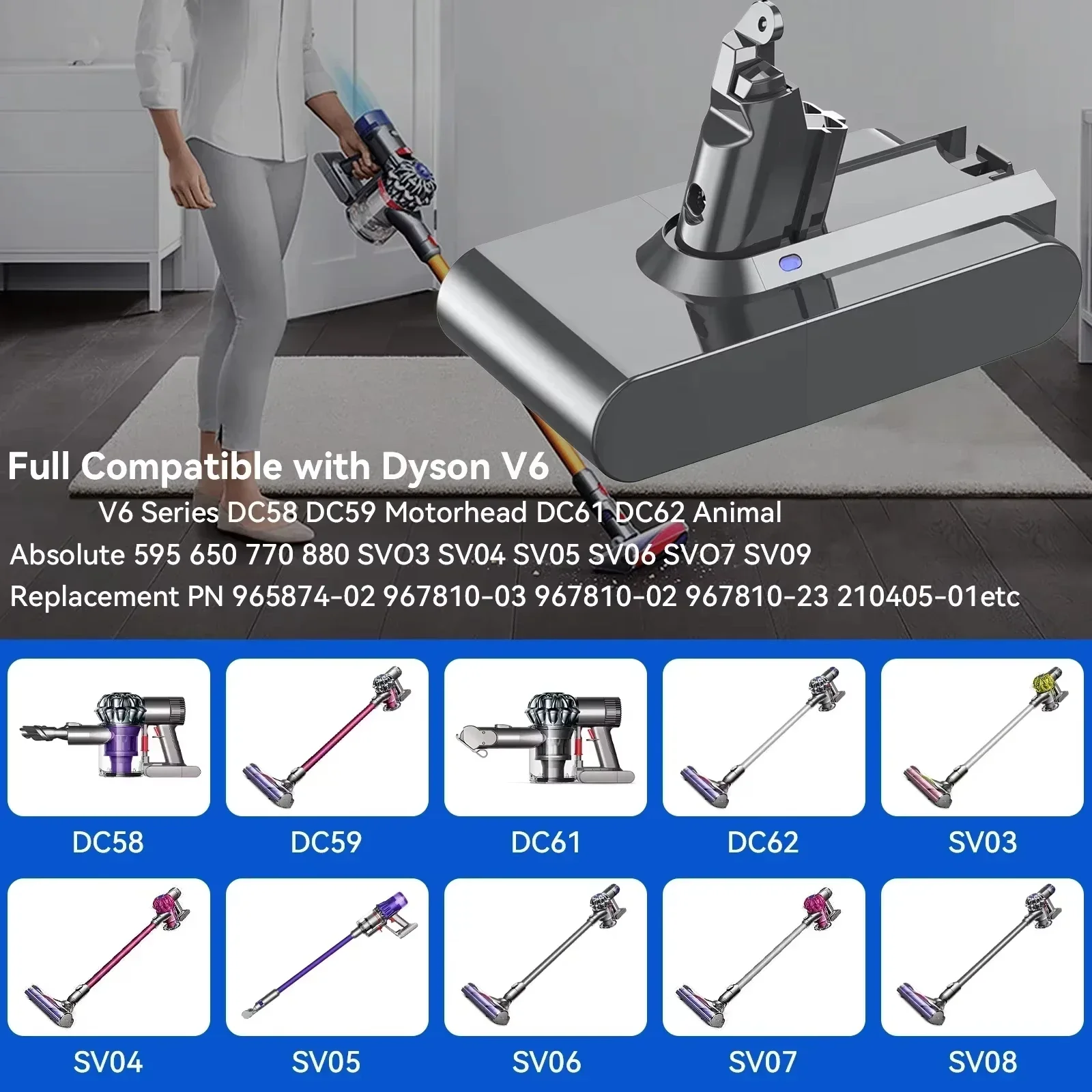 Powerful 21.6V 8Ah Replacement Battery for Dyson V6 & DC58 DC59 DC62 SV07 SV09 Cordless Vacuum Cleaner