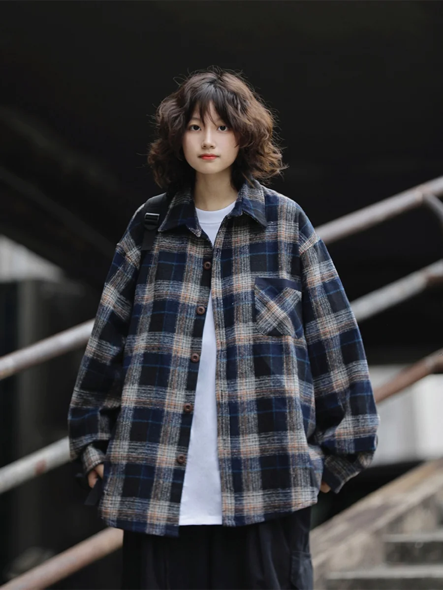 American vintage Plaid Long sleeve Shirts Men's and Women's Preppy Loose Lapel Fashion Brand Plaid Shirt Woolen Jacket Women