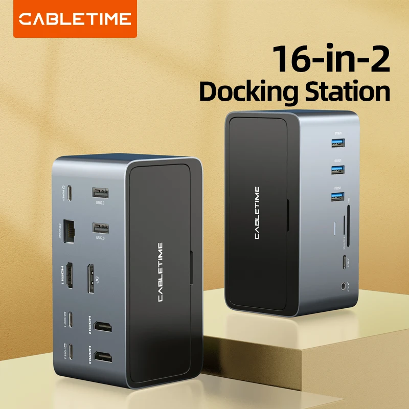 

CABLETIME USB C Docking Station Type C Dock Multi HUB PD100W HDMI DP Display SSD Enclosure RJ45 SD/TF Card for Macbook Laptop