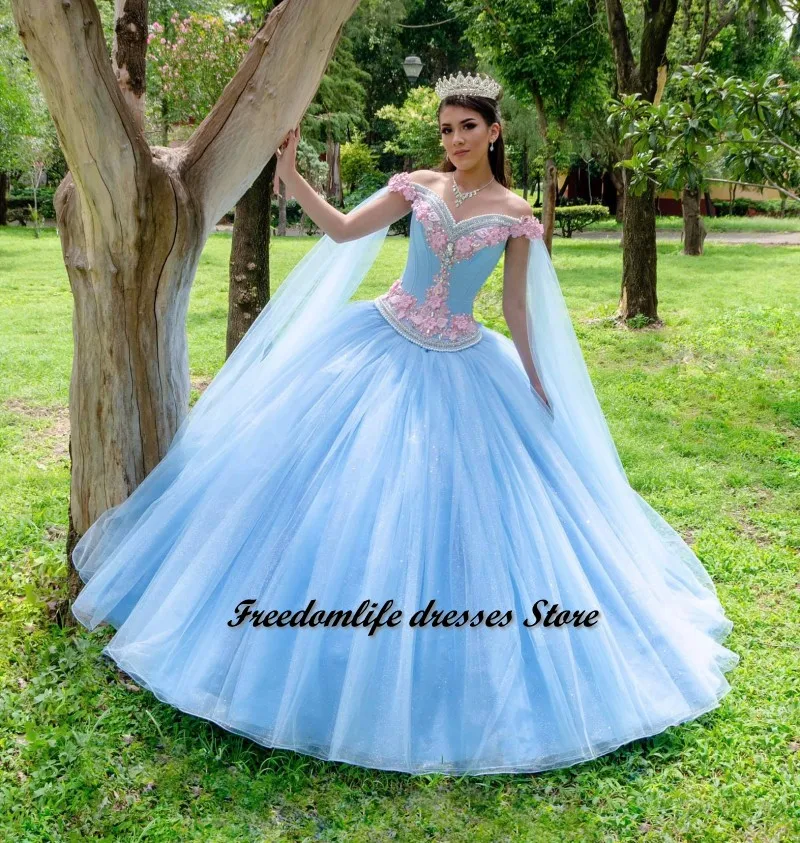 

Cara&Alan Sky Blue Quinceanera Dresses Beading Pearls Off The Shoulder Sweet 16 XV vestidos de 15 años 2022 Mexican Girls XV