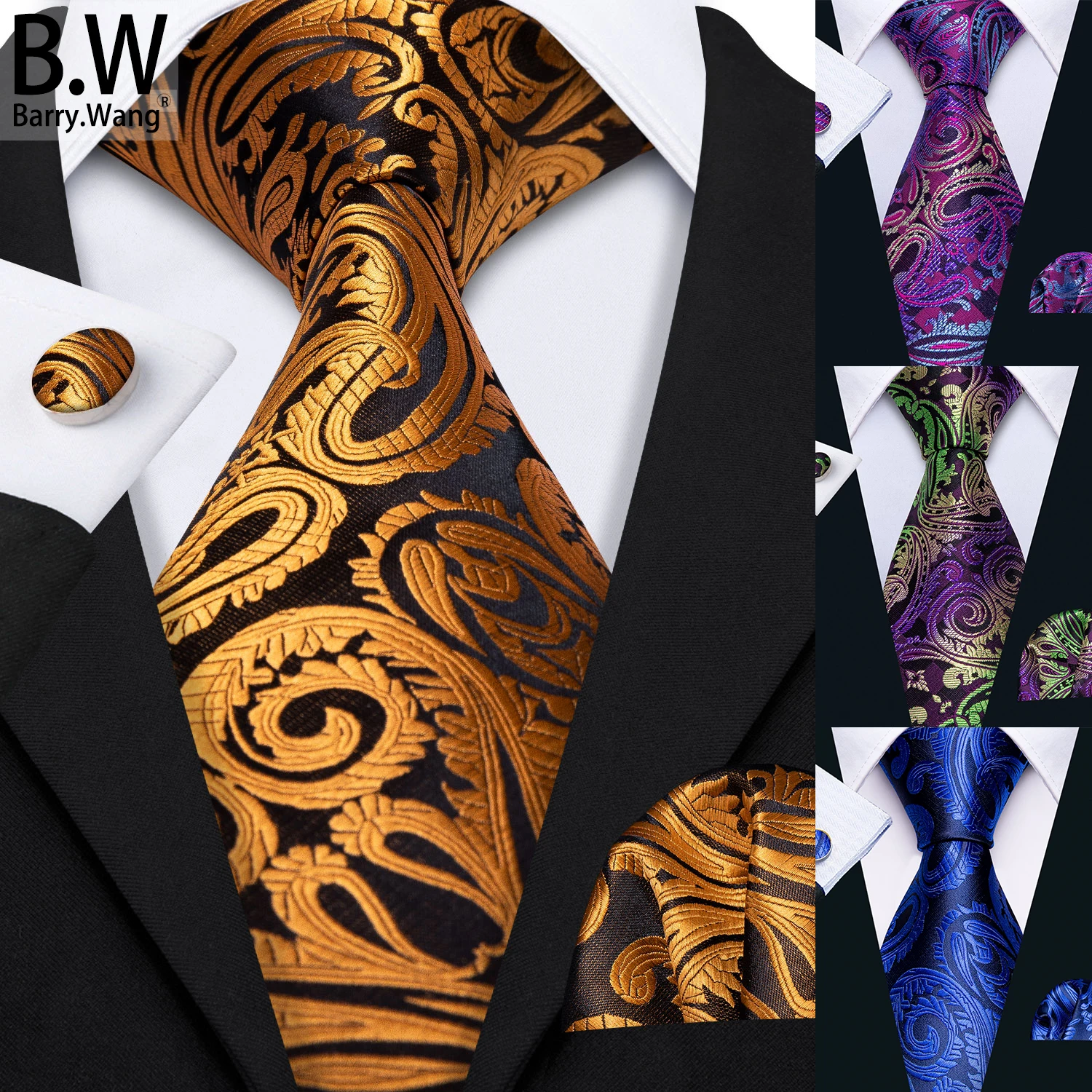 Barry.Wang Silk Men Tie Hanky Cufflinks Set Novelty Floral Same Pattern Various Colours Necktie for Male Wedding Business Party