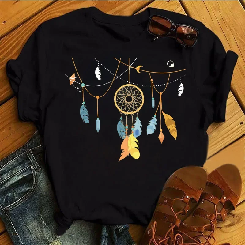 Women's T Shirt Harajuku Women's Fashion T-shirt Dream Catcher Printed Women Casual Black Top Round Neck Tee Harajuku Women Top